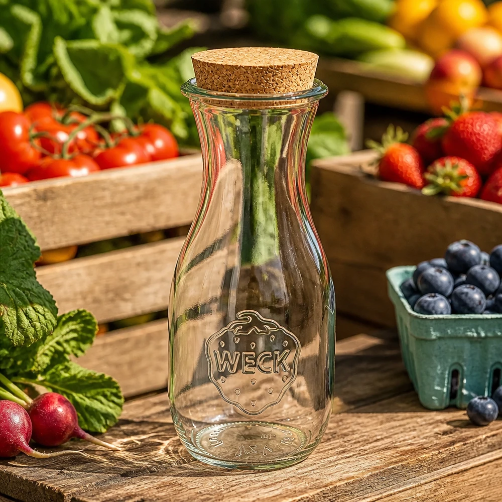 530ml Bouteille à jus de fruits WECK RR60 avec bouchon nature WECK Bouteille de jus 530ml vide avec bouchon en liège entre les fruits et légumes frais sur table en bois cuisine naturelle