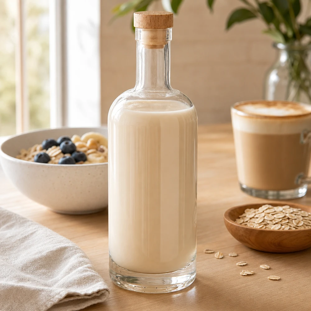 Bouteille en verre 750 ml « Emma » avec bouchon en bois UNiTWIST® Bouteille en verre Emma de 750 ml avec bouchon en bois remplie de lait d'avoine à côté d'un bol à céréales et d'une tasse à café sur une table en bois