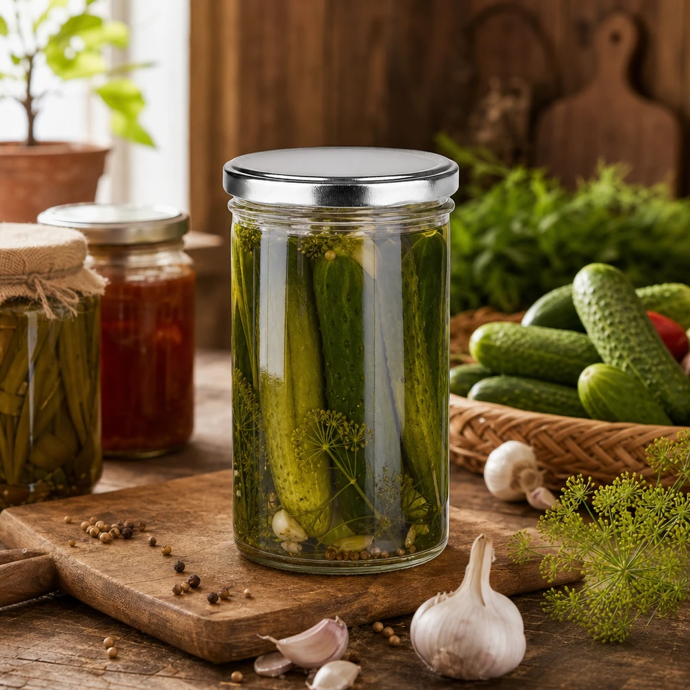 230ml Verre conique avec couvercle BasicSeal argent UNiTWIST 277ml pot renversé avec couvercle BasicSeal argenté rempli de cornichons marinés aneth épices cuisine rustique mise en conserve