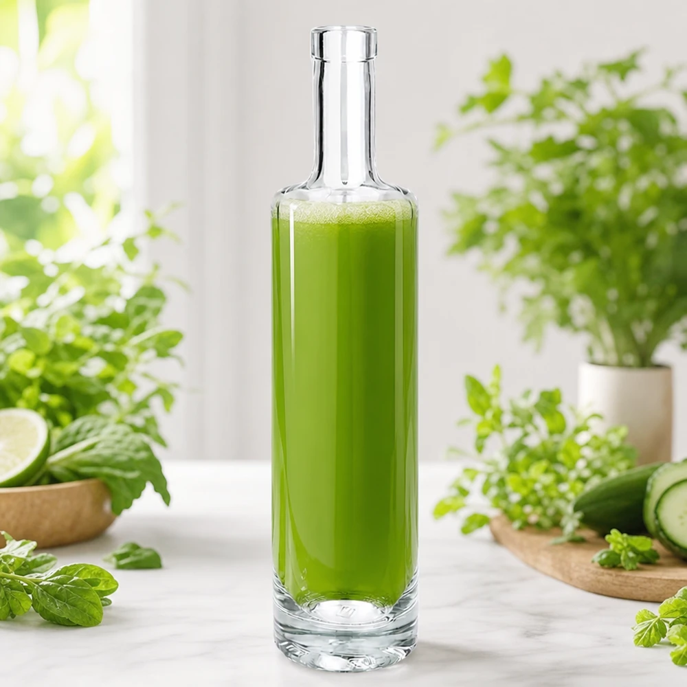 Bouteille en verre Lina de 500 ml remplie de smoothie vert entre des herbes fraîches et des légumes dans une scène de cuisine naturelle