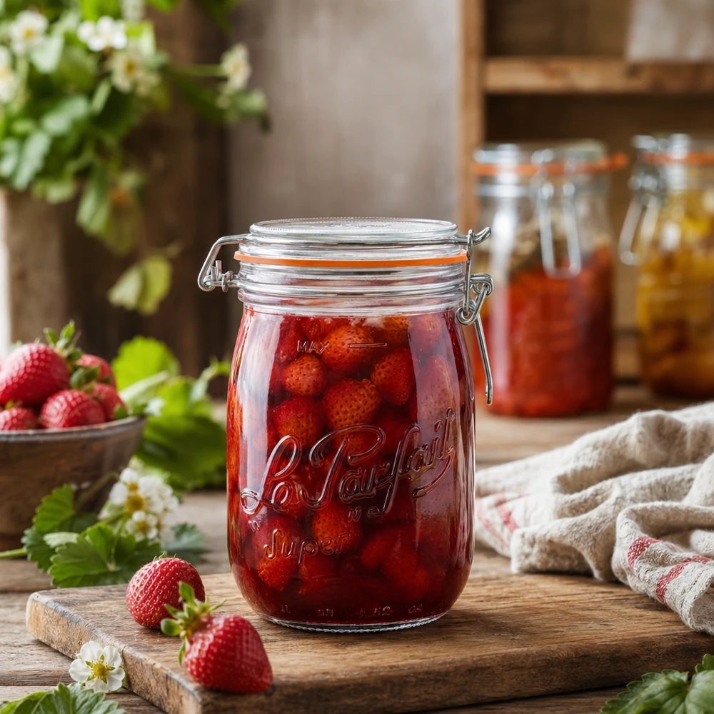 1000ml Le Parfait Super bocal à provisions avec fermeture à étrier rempli de fraises sur planche en bois dans une cuisine rustique