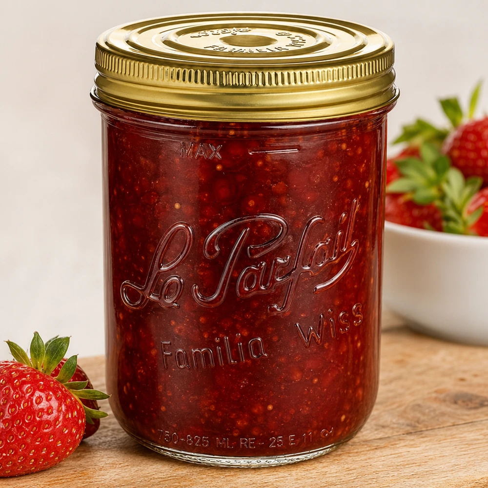 Le Parfait® Familia Wiss 1 kg Ø100 mm Bocal Pot Familia Wiss 1020ml avec couvercle à visser rempli de confiture de fraises à côté de fraises fraîches