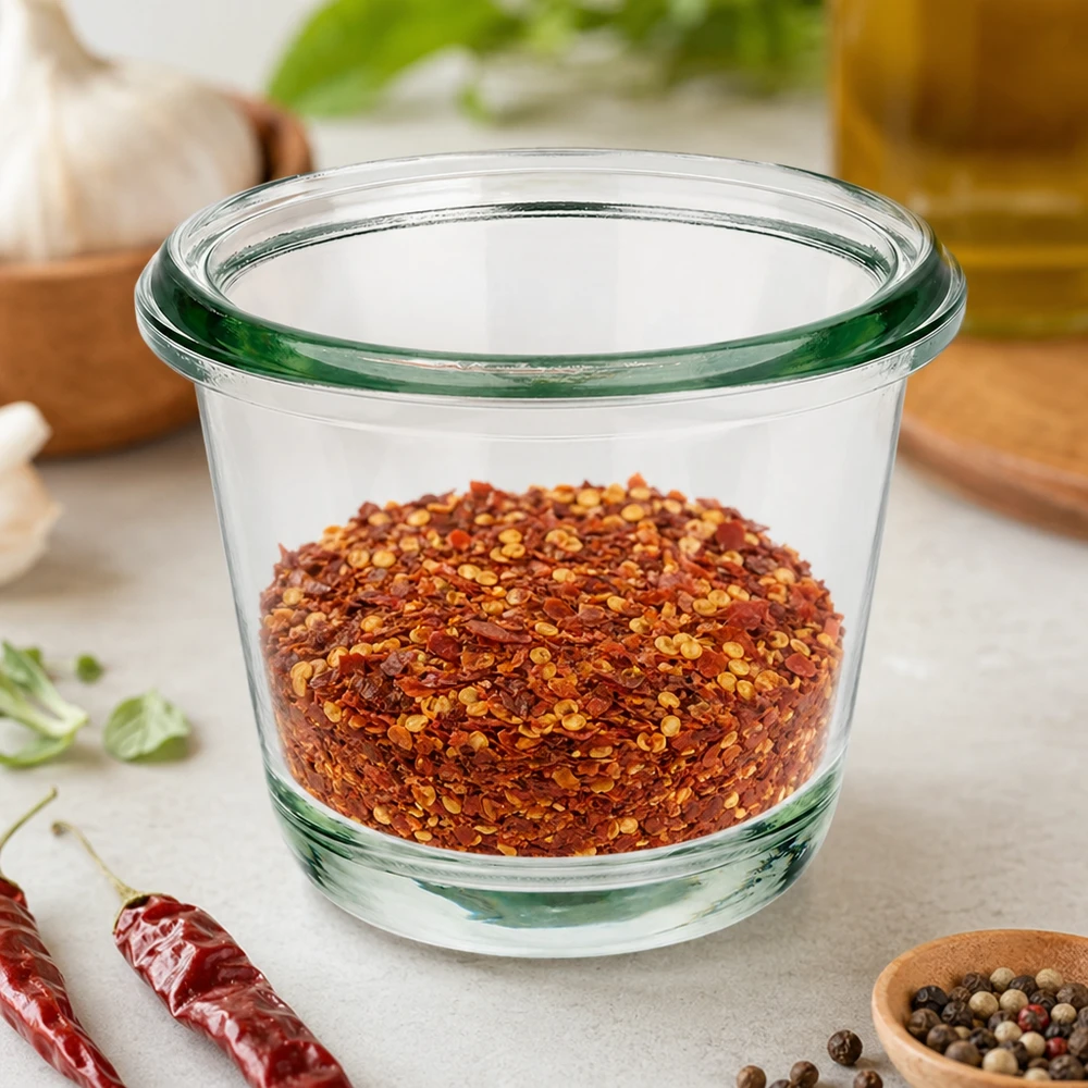 80ml bocal gourmet WECK RR60 WECK Pot Gourmet RR60 80ml rempli de flocons de piment rouge entre des piments séchés et des grains de poivre