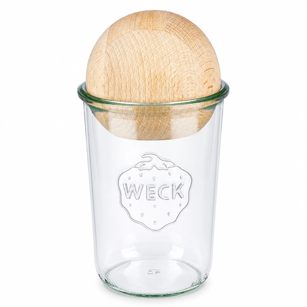 850ml bocal conique WECK RR100 avec boule en bois en hêtre WECK RR100 Pot renversé 850ml avec boule en bois de hêtre comme couvercle, pot à conserves transparent avec couvercle en bois