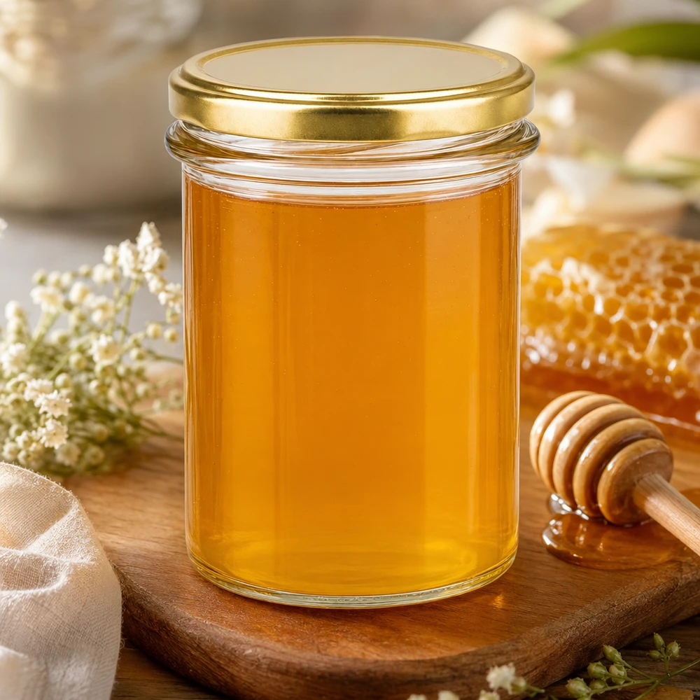 Verre renversé de 230 ml rempli de miel BasicSeal Couvercle doré UNiTWIST sur planche en bois avec rayon de miel et cuillère à miel