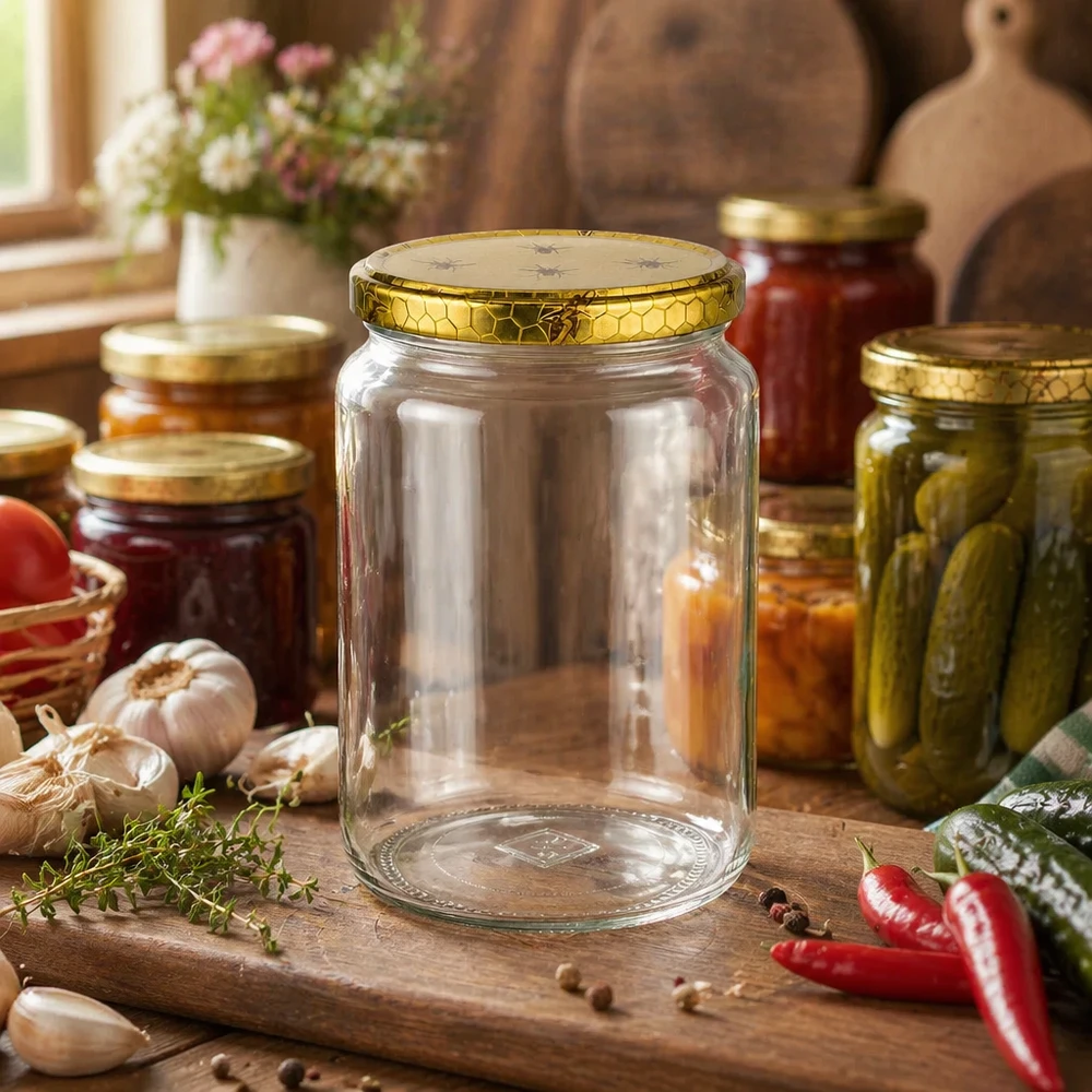 Pot à miel 1000 g avec couvercle motif rayon de miel BasicSeal UNiTWIST Pot de miel vide de 1000g avec couvercle doré en nid d'abeille entre des bocaux et des herbes fraîches dans une cuisine rustique