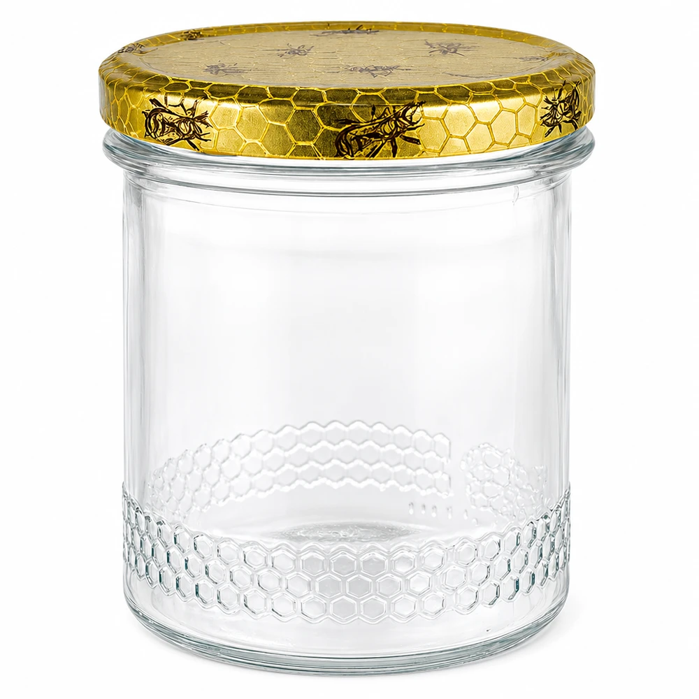 Pot à miel 560 g avec couvercle motif rayon de miel BasicSeal UNiTWIST Pot à miel de 400ml avec couvercle doré en nid d'abeille, pot vide en nid d'abeille pour le miel et l'apiculture