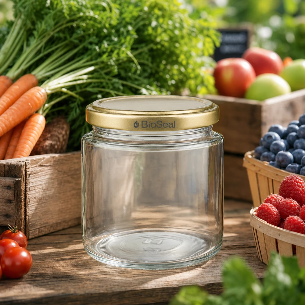 Pot à miel 350 g avec couvercle doré BioSeal UNiTWIST BioSeal 250ml pot de miel vide avec couvercle doré UNiTWIST entouré de fruits et légumes frais du jardin