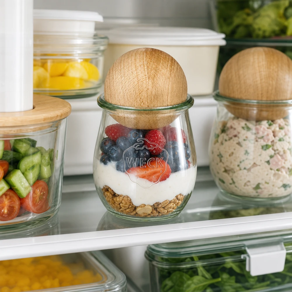 WECK Pot tulipe 220ml au réfrigérateur avec mélange de yaourt et de baies, couvercle en forme de boule de hêtre Food Storage Organisation
