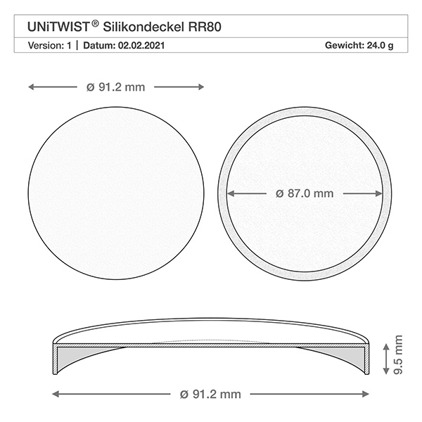 370ml bocal tulipe WECK RR60 avec couvercle en silicone blanc Dessin technique WECK couvercle en silicone RR80 avec dimensions 91,2mm diamètre 9,5mm hauteur pour verre tulipe 370ml