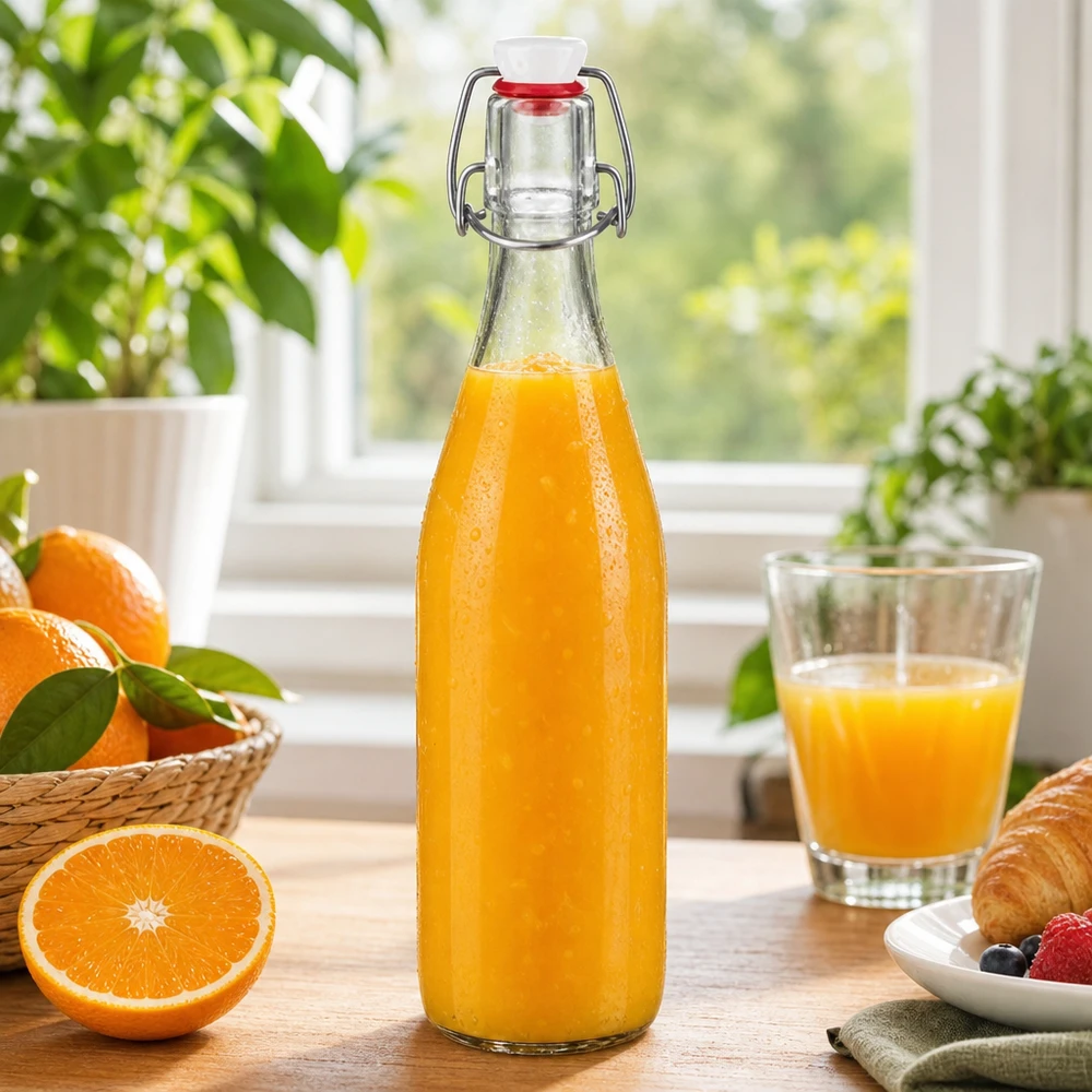 Bouteille en verre de 500 ml + bouchon mécanique PVC UNiTWIST 500ml Glasflasche Bügelverschluss befüllt mit frischem Orangensaft Frühstück gesunde Getränke Vintage Design