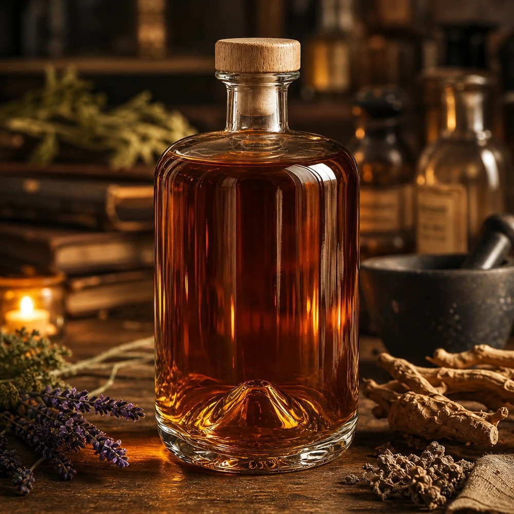 Flacon à pharmacie 700 ml « Sofia » avec bouchon en bois UNiTWIST® Glasflasche Sofia 700ml mit Holzkorken in rustikaler Apotheker-Atmosphäre mit Kräutern und warmem Ambiente