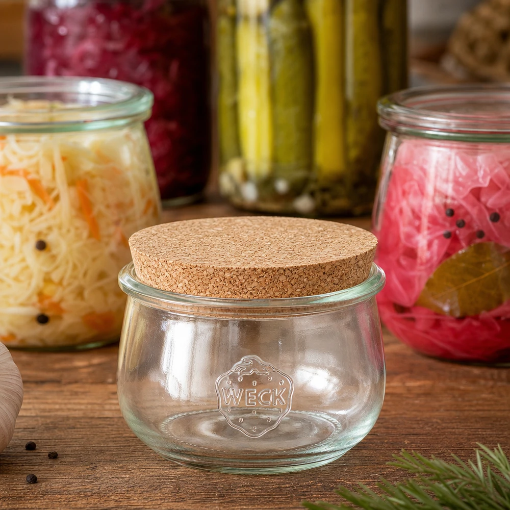 580ml bocal tulipe WECK RR100 avec bouchon nature WECK Pot tulipe RR100 580ml avec bouchon naturel entre les bocaux de légumes fermentés et les cornichons marinés Décoration