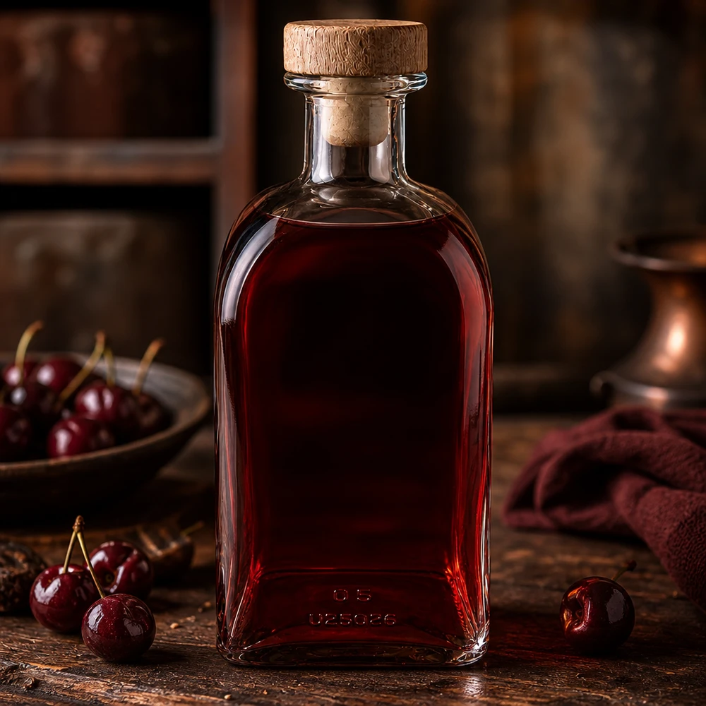 Flacon à pharmacie « Julia » 500 ml avec bouchon en bois UNiTWIST® Bouteille en verre Julia de 500ml avec bouchon remplie de liqueur de cerise rouge sur bois rustique avec des cerises fraîches