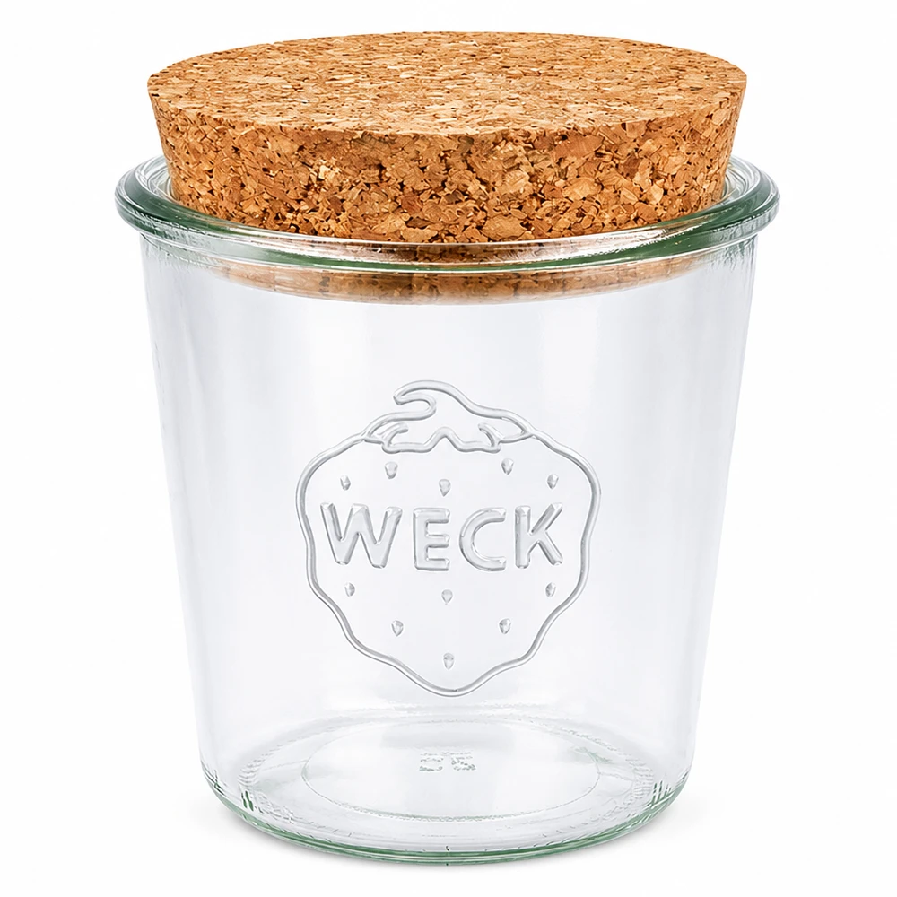 WECK Pot renversé 580ml RR100 avec bouchon en liège naturel Couvercle Pot de conservation transparent