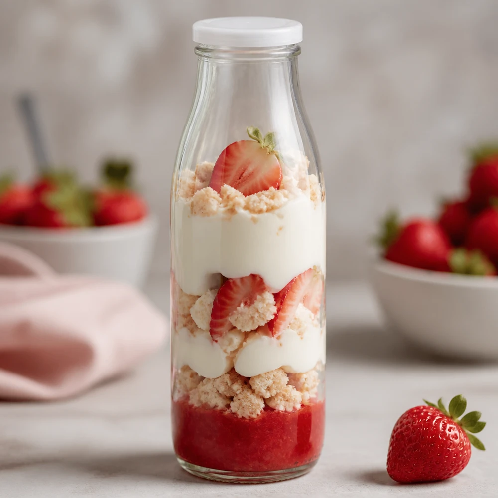 500ml Bouteille avec couvercle BasicSeal blanc UNiTWIST Bouteille en verre de 500 ml avec couvercle blanc BasicSeal comme verre à dessert rempli de fraises à la crème et de vermicelles