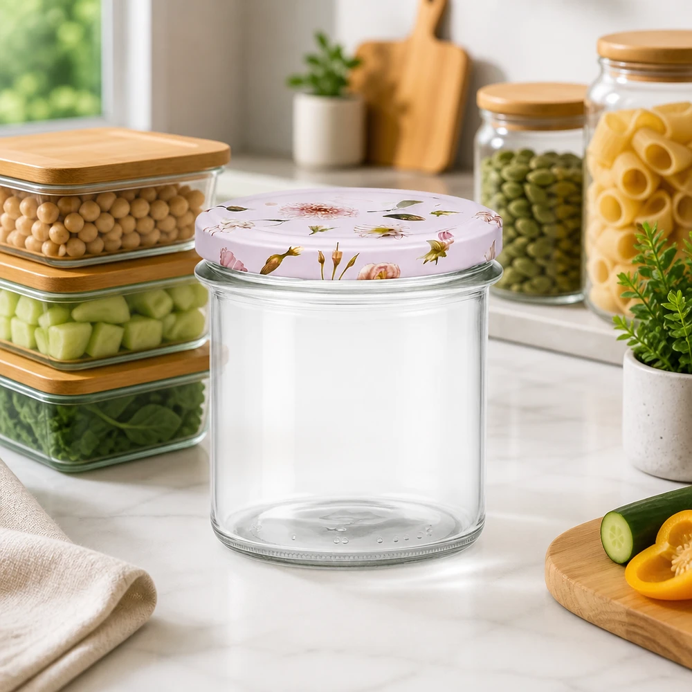Pot à l'envers vide de 350 ml avec couvercle à fleurs rose entre les récipients de stockage sur le plan de travail de la cuisine Pot de conservation vide