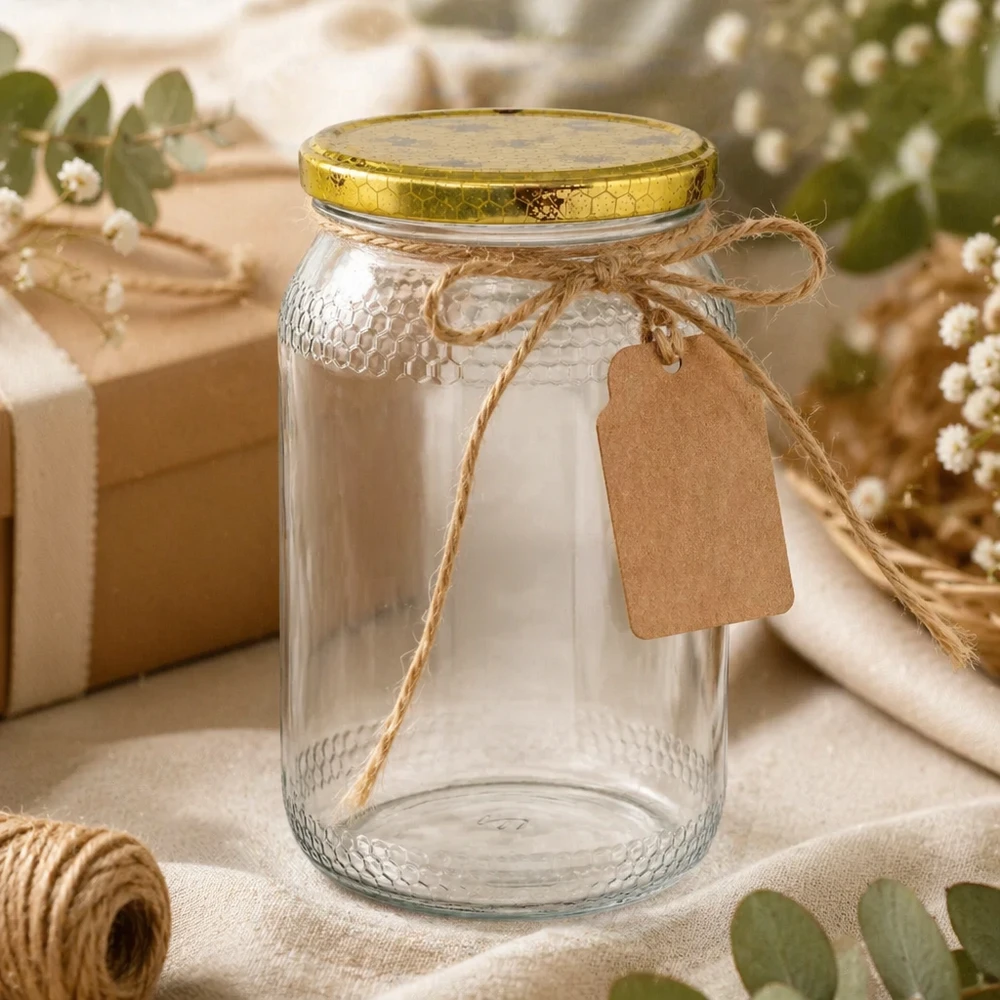 Pot à miel 1260 g avec couvercle motif rayon de miel BasicSeal UNiTWIST Pot de miel 900ml vide avec étiquette en papier kraft et ficelle de jute comme emballage cadeau décoration rustique
