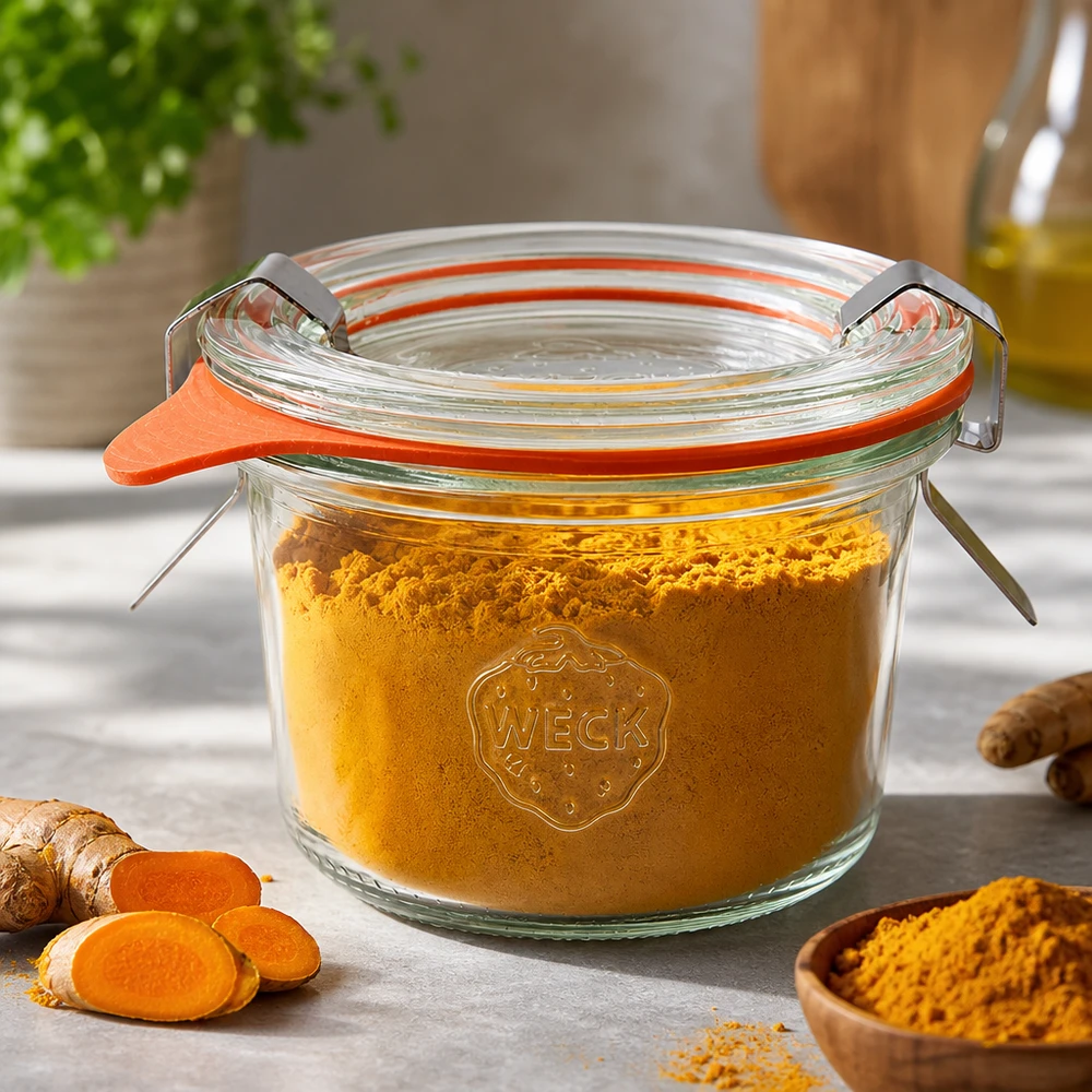 80ml bocal conique complet WECK RR60 WECK Pot renversé 80ml RR60 rempli de poudre de curcuma montre le stockage hermétique des épices et des poudres
