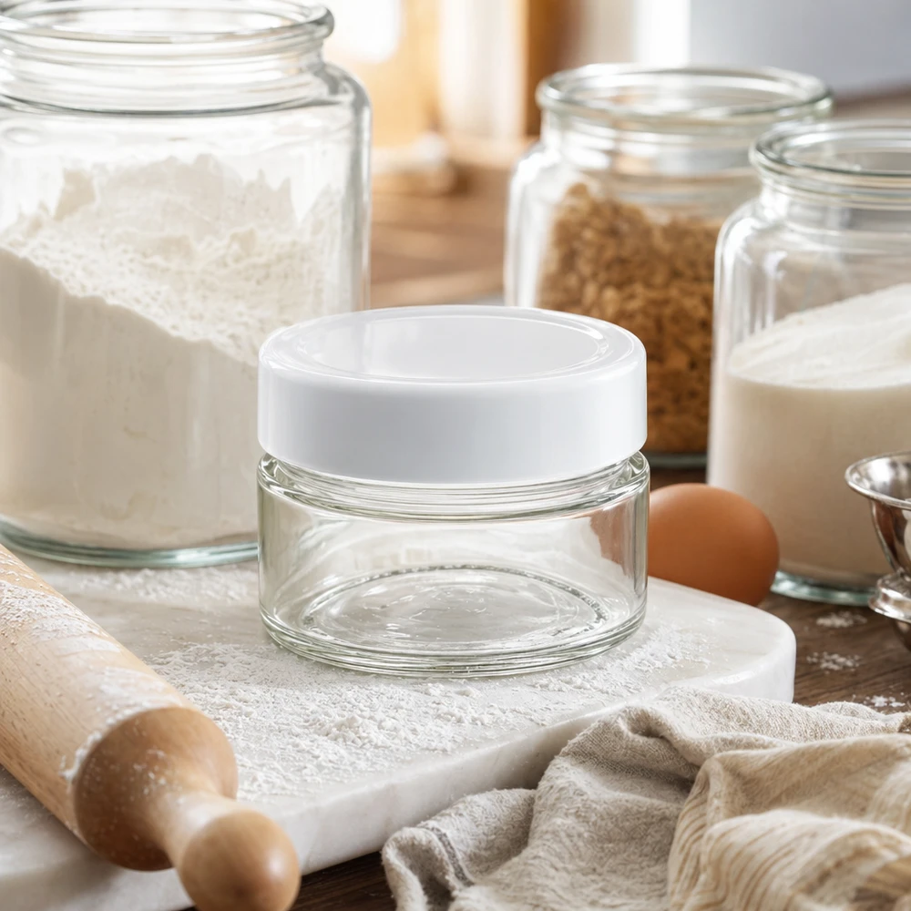 80ml Verre rond avec couvercle BasicSeal blanc UNiTWIST Bocal rond de 80ml avec couvercle BasicSeal dans la cuisine avec des ingrédients de boulangerie - conteneur en verre polyvalent pour aliments