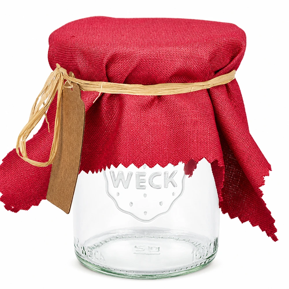 Cache-bijoux en tissu rouge bordeaux carré 15cm sur bocal WECK avec anneau en caoutchouc et étiquette en bois