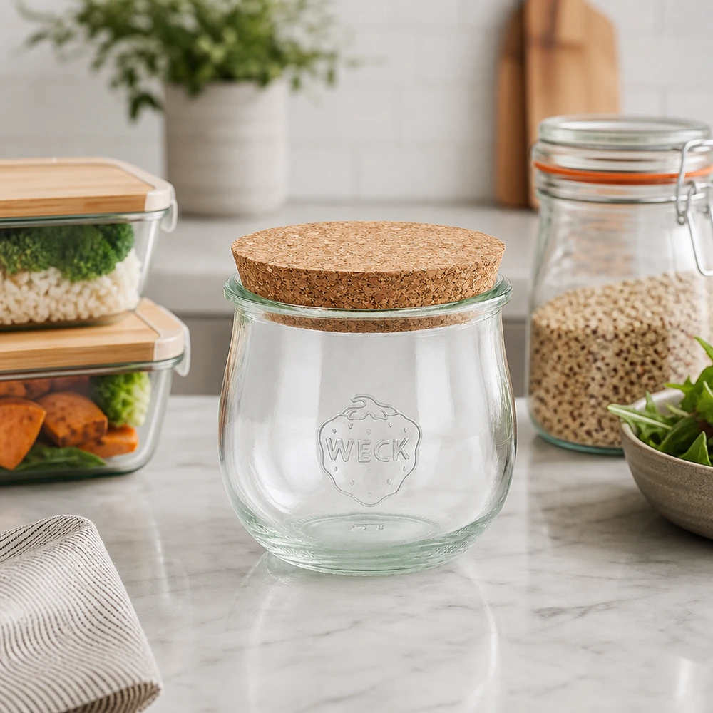 WECK Pot tulipe 370ml RR80 Couvercle en liège dans la cuisine moderne à côté des boîtes à provisions et des récipients Meal Prep sur marbre