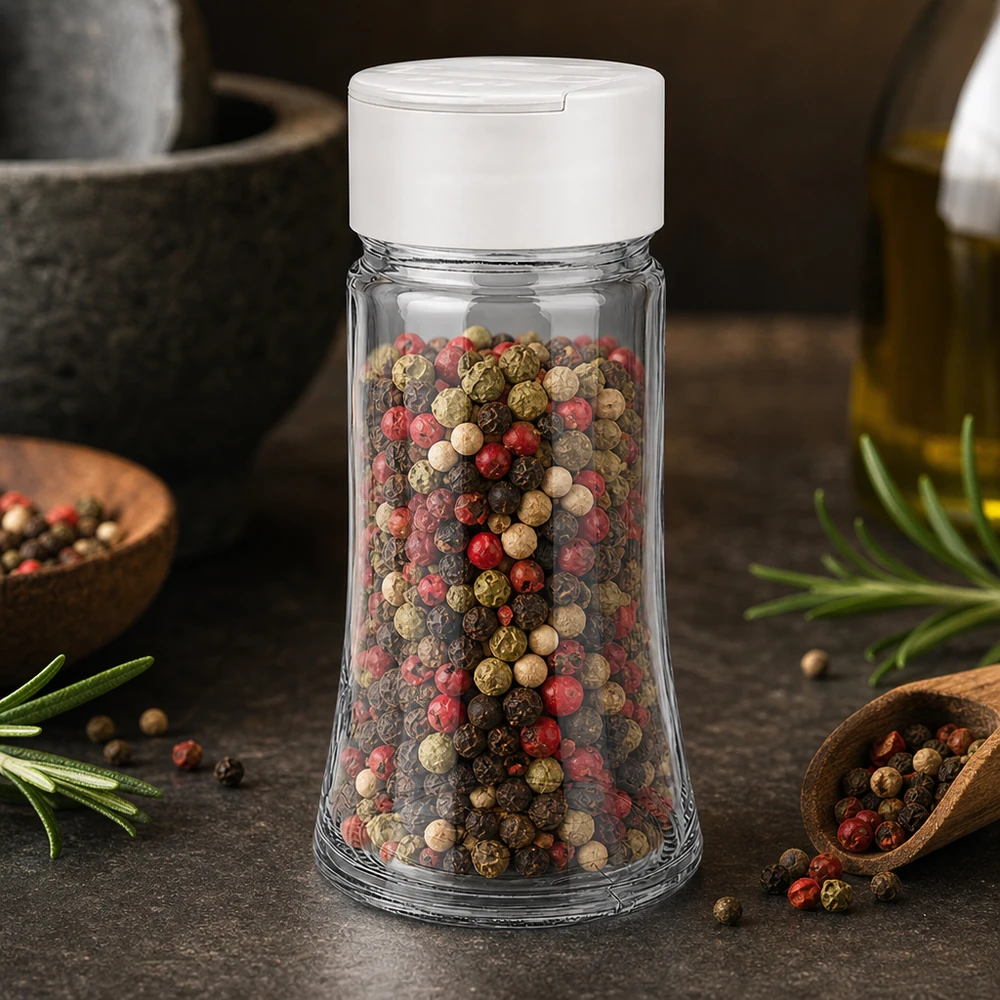Mélange de grains de poivre multicolores dans un bocal à épices transparent de 95 ml avec un couvercle à double saupoudreuse blanc