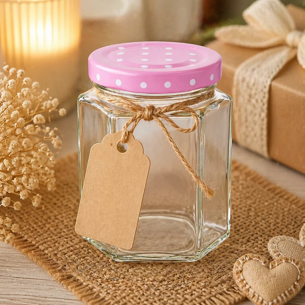 Pot hexagonal de 196 ml + couvercle BasicSeal rose à pois UNiTWIST 196ml verre hexagonal avec couvercle rose à points comme idée de cadeau décoré avec un pendentif en raphia et une décoration naturelle