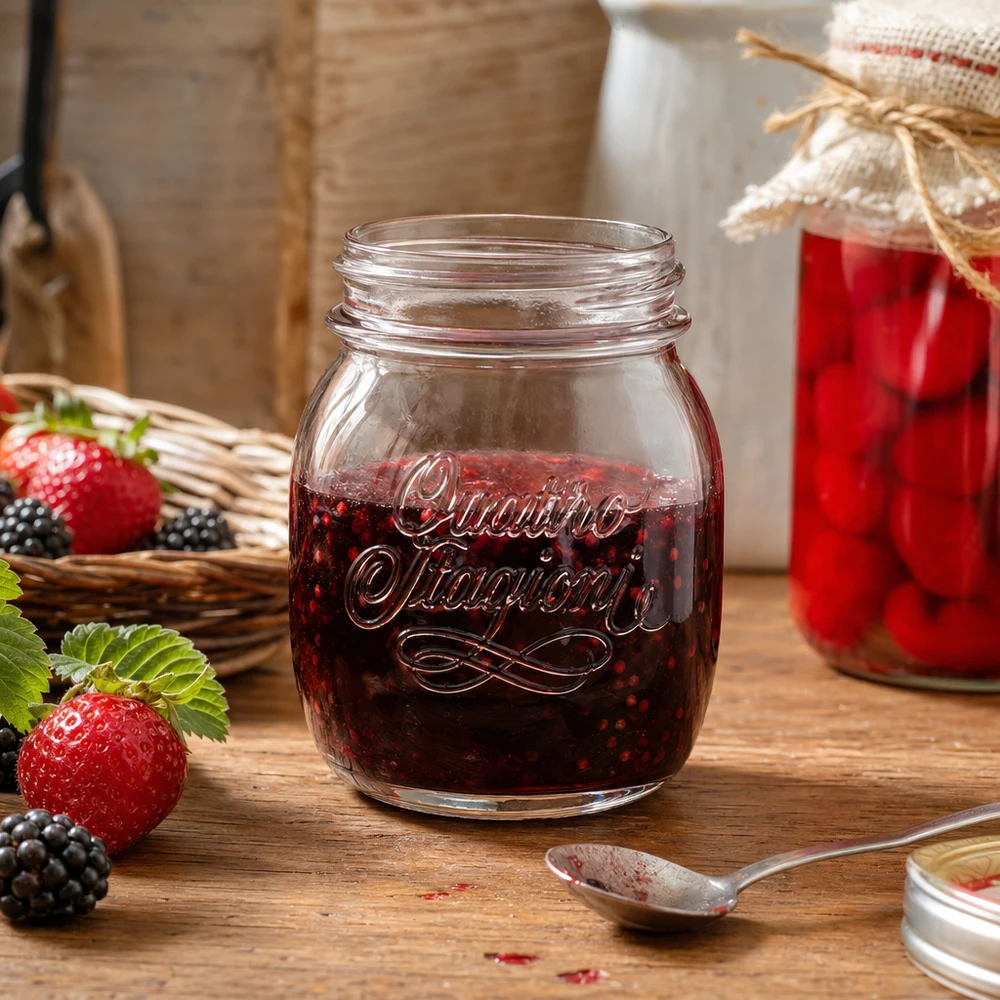 700ml Verre rond "Quattro Stagioni" QS86mm Pot ménager Quattro Stagioni de 700 ml rempli de confiture de baies sur une table en bois avec des fraises et des mûres fraîches