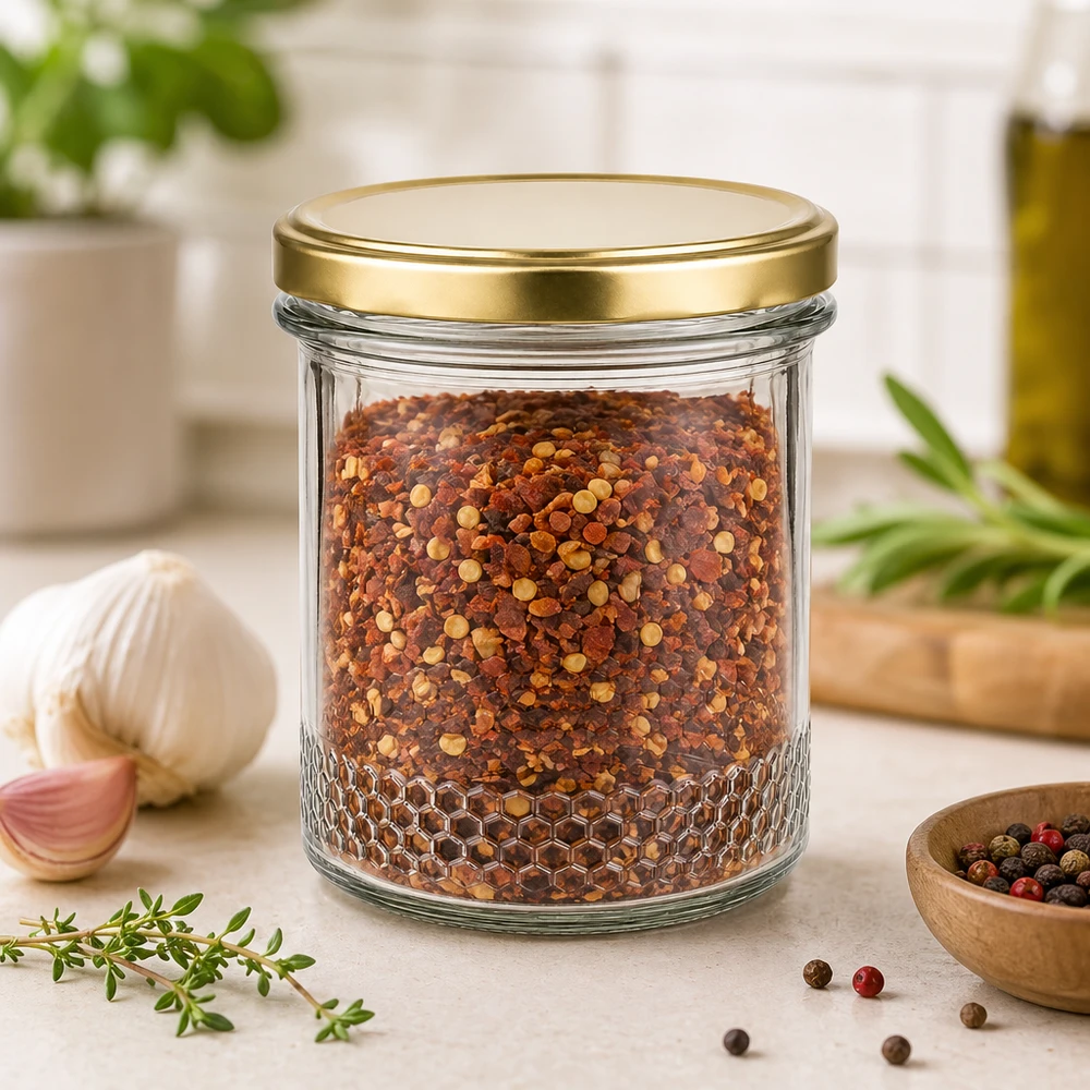 Pot à miel 560 g avec couvercle doré BasicSeal UNiTWIST Pot à miel de 400ml avec couvercle BasicSeal or UNiTWIST comme pot à épices pour flocons de piment dans Ambiance Cuisine