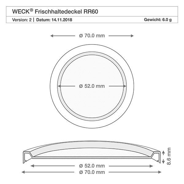 Bouteille à jus de 290 ml avec couvercle fraîcheur WECK RR60 Dessin technique WECK couvercle fraîcheur RR60 avec dimensions 70mm diamètre extérieur 52mm diamètre intérieur 8,6mm hauteur