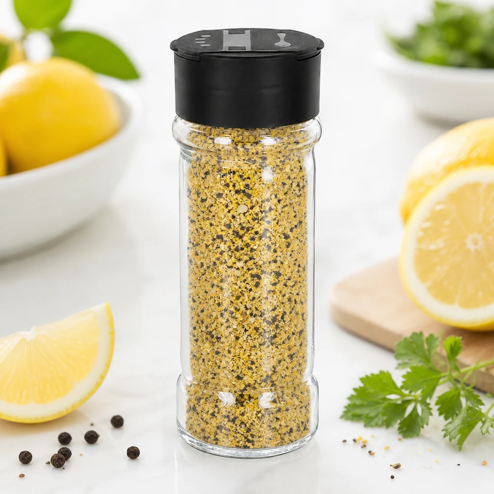 Mélange d'épices au poivre citronné dans un bocal en verre transparent de 100 ml muni d'un couvercle noir à double saupoudreuse