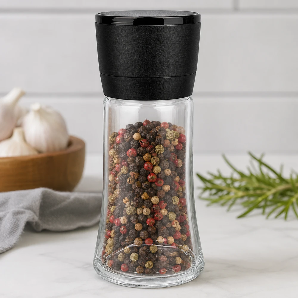 Moulin à poivre de 95 ml avec mécanisme de broyage noir et grains de poivre multicolores, sur un socle en marbre blanc
