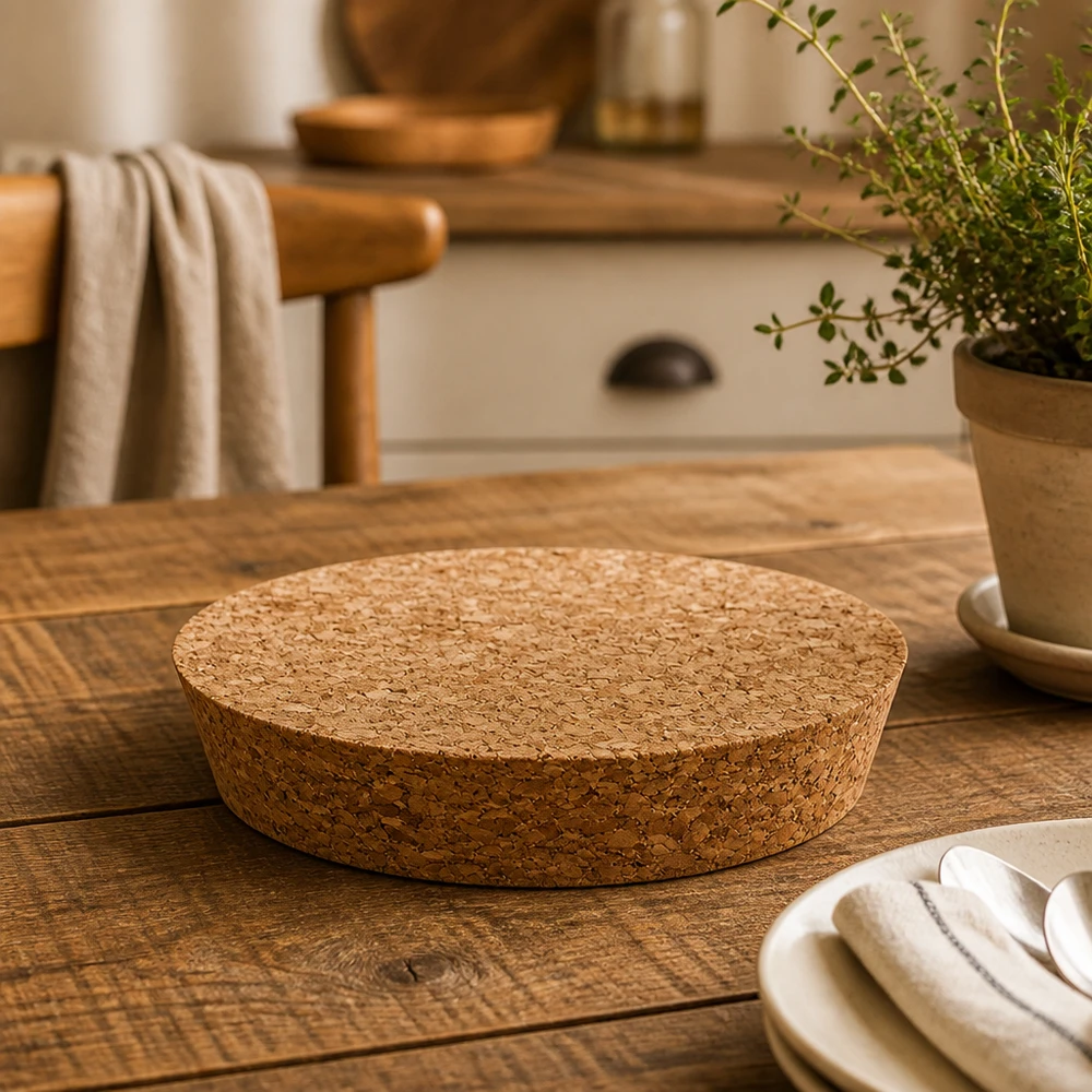 Bouchon naturel pour WECK RR100 (ø97/90, hauteur 20mm) WECK RR100 Bouchon Détail sur table en bois avec ustensiles de cuisine et pot d'herbes aromatiques couvercle en liège naturel hauteur 20mm