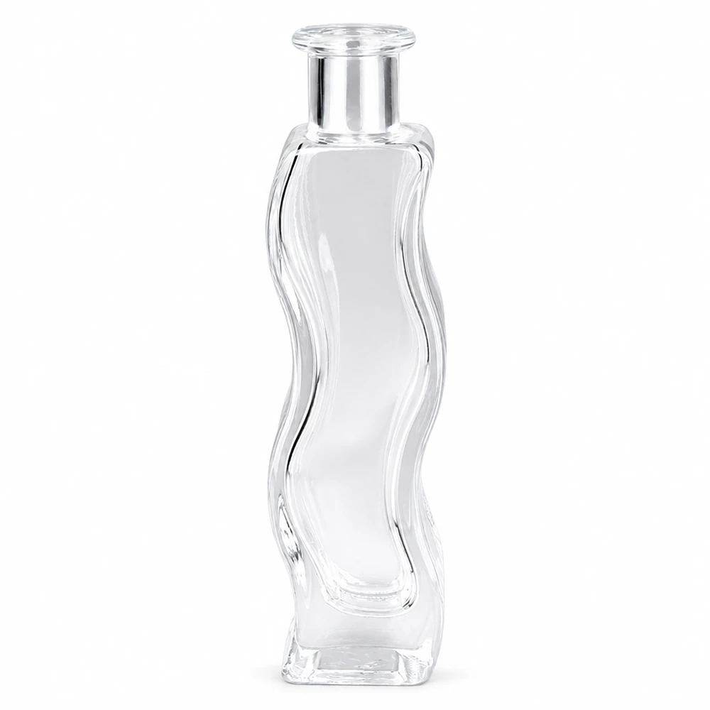 Flacon en verre « Melissa » 100 ml sans bouchon UNiTWIST® Flacon en verre Melissa 100ml vide sans bouchon UNiTWIST transparent avec forme ondulée pour parfum ou cosmétique