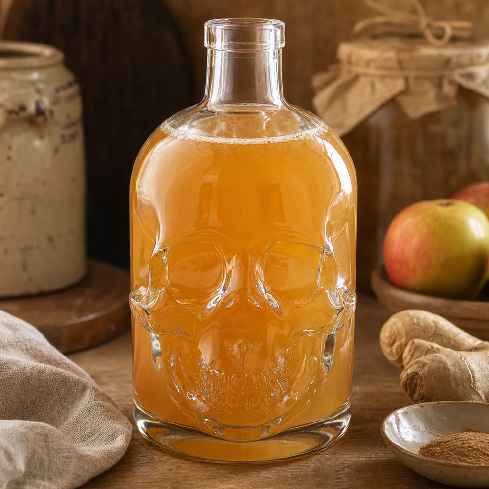 Bouteille en verre 500 ml « Jack » sans bouchon UNiTWIST® Bouteille en verre tête de mort 500ml Jack remplie de jus de pomme décoration de cuisine rustique sans bouchon UNiTWIST Design