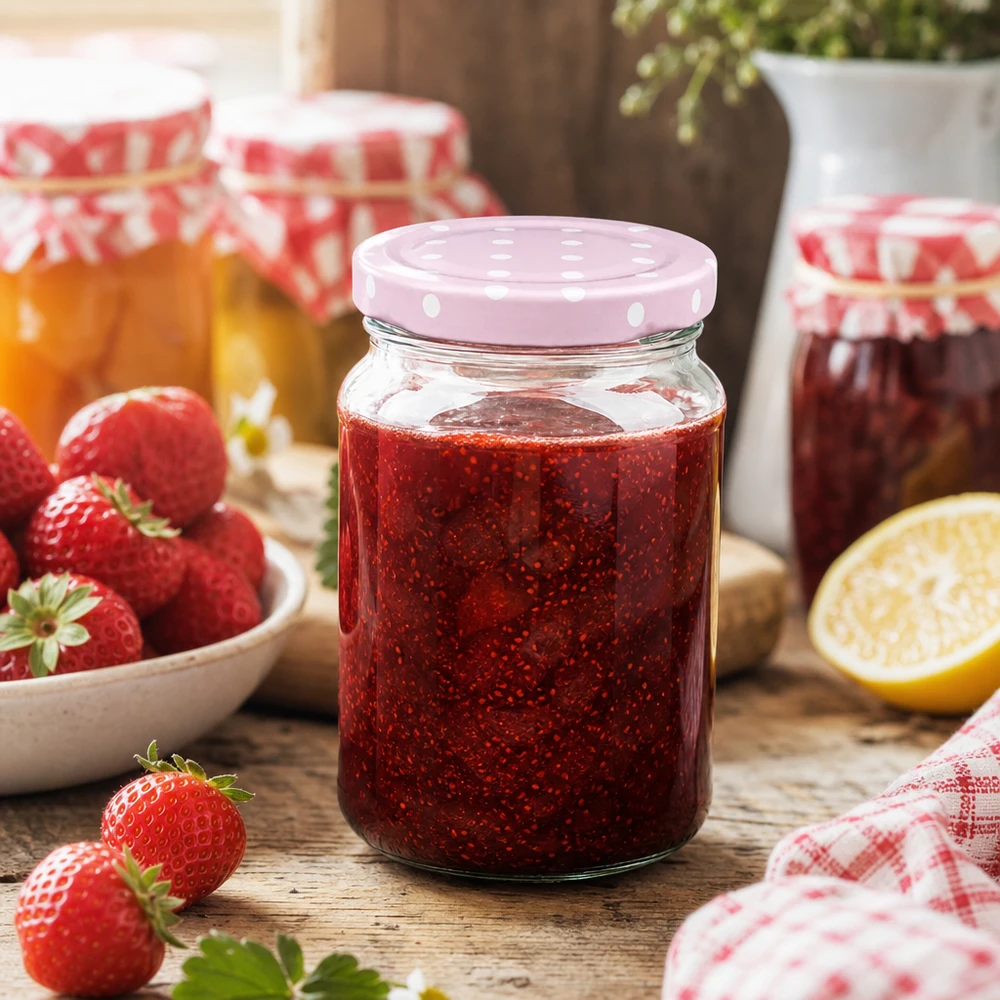 Pot rond de 205 ml avec couvercle rose à pois BasicSeal rempli de confiture de fraises entre des fraises fraîches sur une table en bois