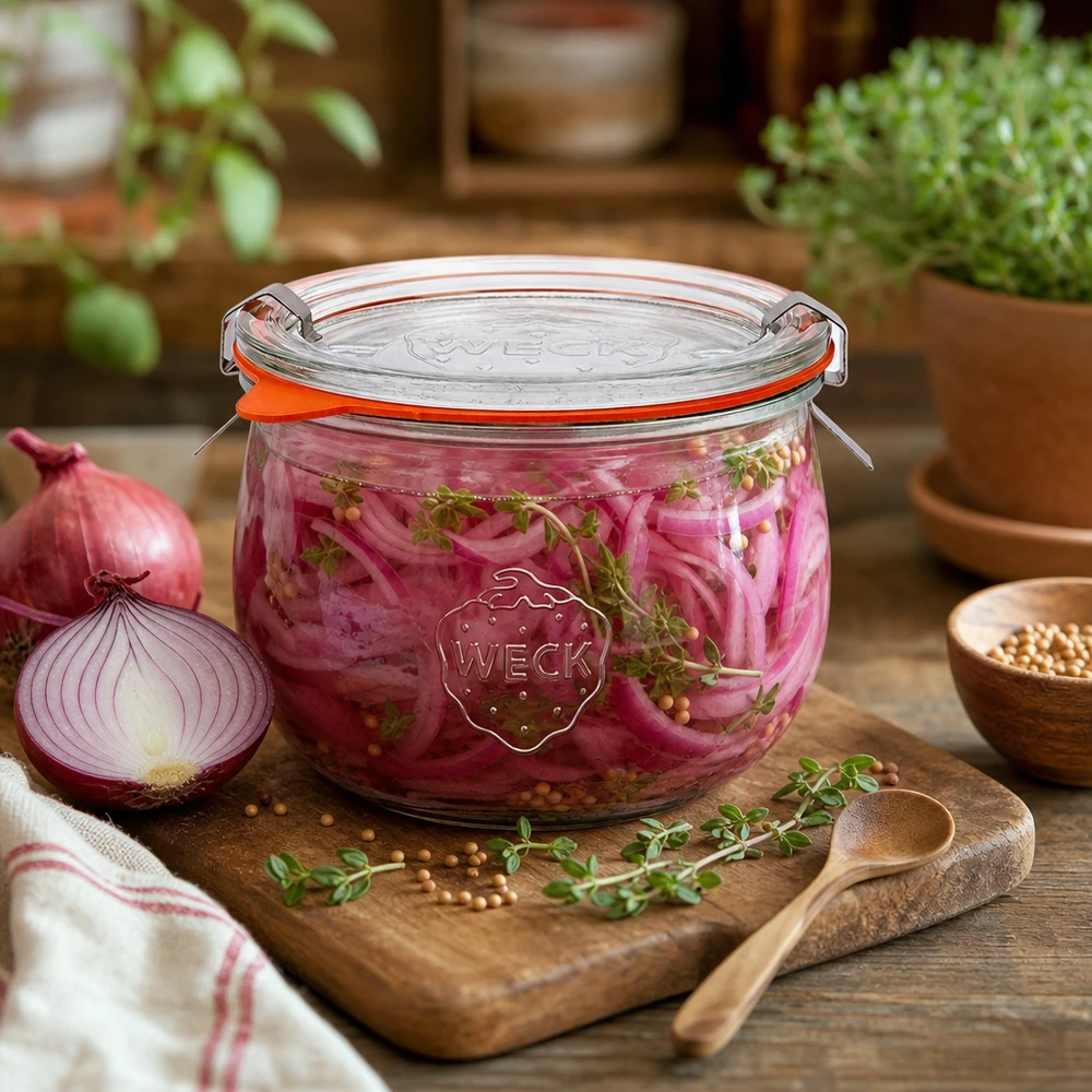 580ml bocal tulipe complet WECK RR100 WECK Pot tulipe 580ml RR100 rempli d'oignons rouges marinés, arrangé de manière décorative avec des herbes sur une planche en bois
