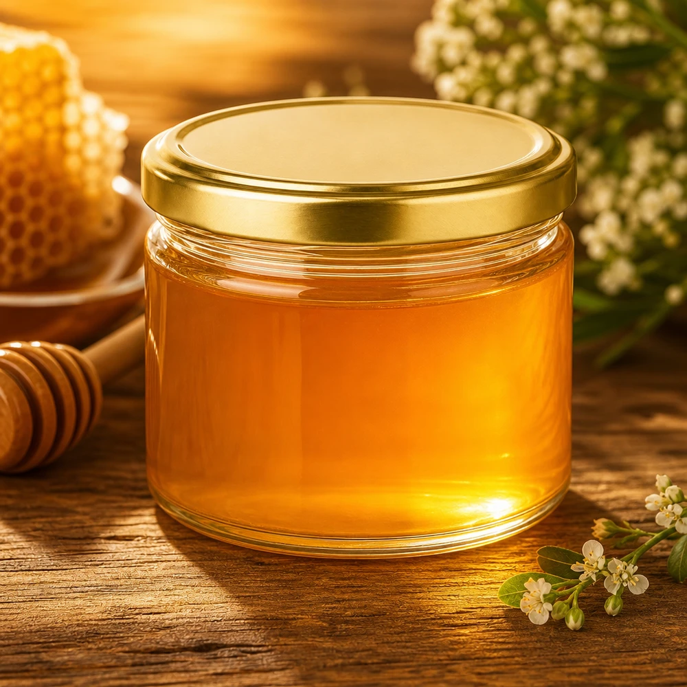 540ml Verre rond avec couvercle BasicSeal or UNiTWIST Pot rond de 540 ml avec couvercle doré BasicSeal rempli de miel sur table en bois avec décoration nid d'abeille et fleurs