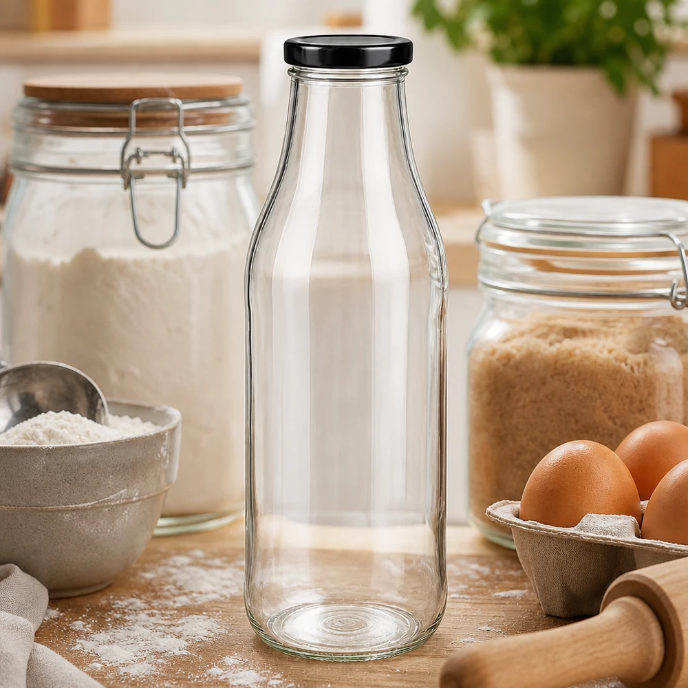 Bouteille en verre de 1000 ml vide sur une table en bois entre les ingrédients de cuisson, les œufs et la farine comme équipement de cuisine