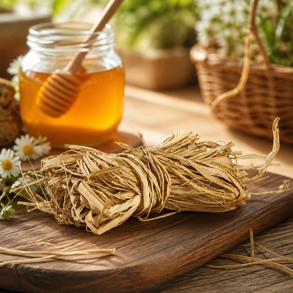 Ficelle naturelle présentée avec un bocal de miel