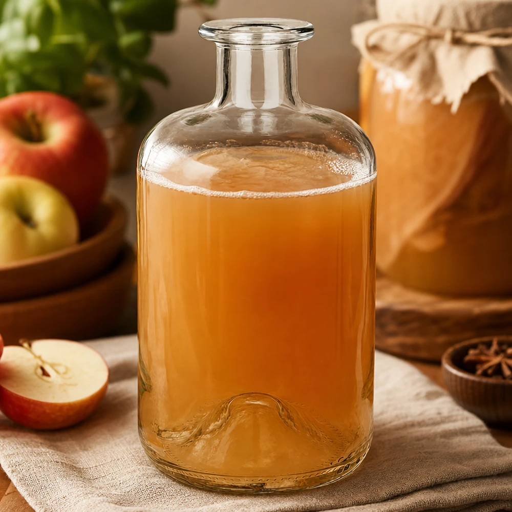 Bouteille de pharmacie Luna 500ml remplie de jus de pomme à côté de pommes fraîches et d'épices comme décoration de cuisine naturelle