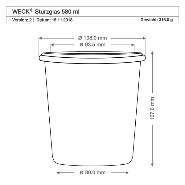 580ml bocal conique WECK RR100 avec boule en bois en hêtre Dessin technique WECK Verre renversé 580ml RR100 avec dimensions Diamètre 108mm Hauteur 107mm Poids 316g