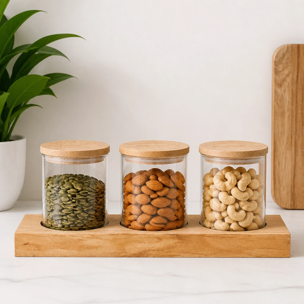 Plateau de service Plano3 pour 3 bocaux WECK Planche de service Plano3 avec des bocaux WECK remplis de noix et de graines - noix de pin, amandes, noix de cajou dans une ambiance moderne
