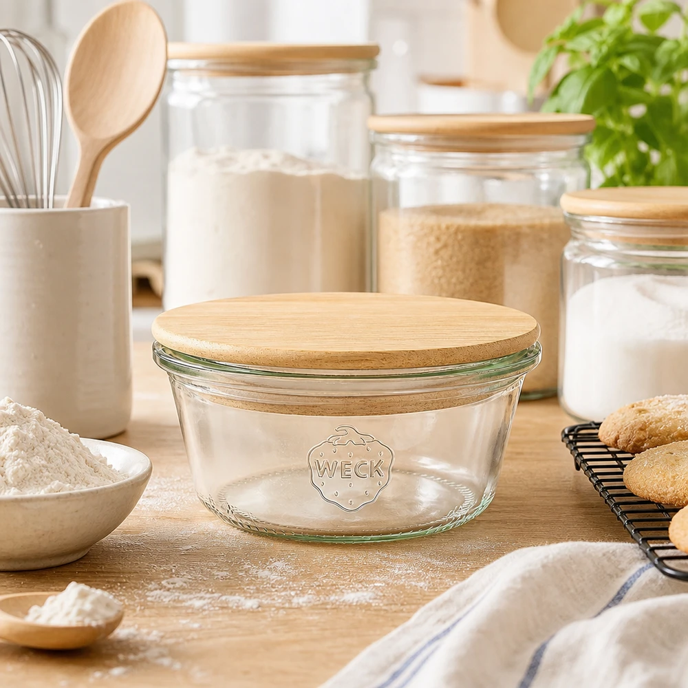 290ml bocal conique faible WECK RR80 avec couvercle en bois WECK Pot renversé 290ml RR100 avec couvercle en bois de bambou dans la cuisine de la boulangerie avec farine, biscuits et organisation des provisions