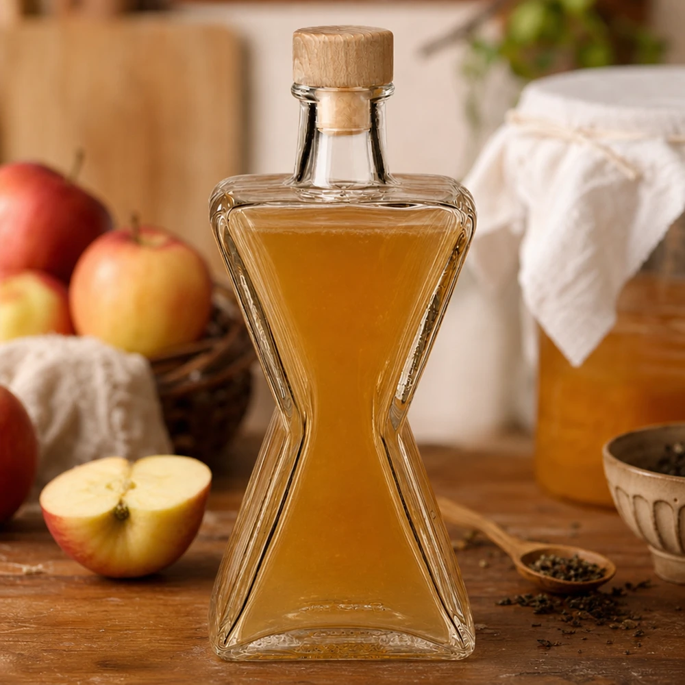 Bouteille en verre Star de 200 ml remplie de liqueur de pomme - bouchon en bois UNiTWIST présenté avec des pommes fraîches dans un décor de cuisine