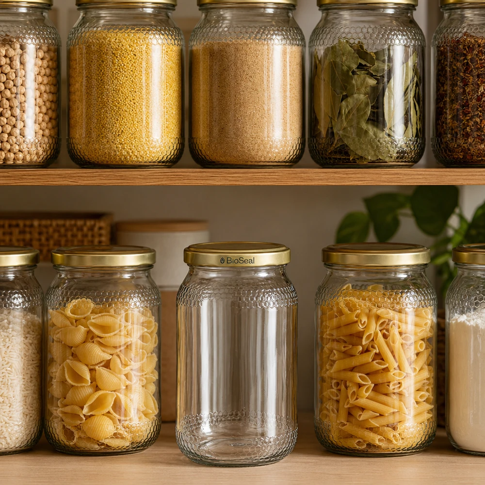 Pot à miel 1260 g avec couvercle doré BioSeal UNiTWIST Pot de miel de 900ml avec couvercle BioSeal or en garde-manger organisé entre pâtes épices céréales Pantry