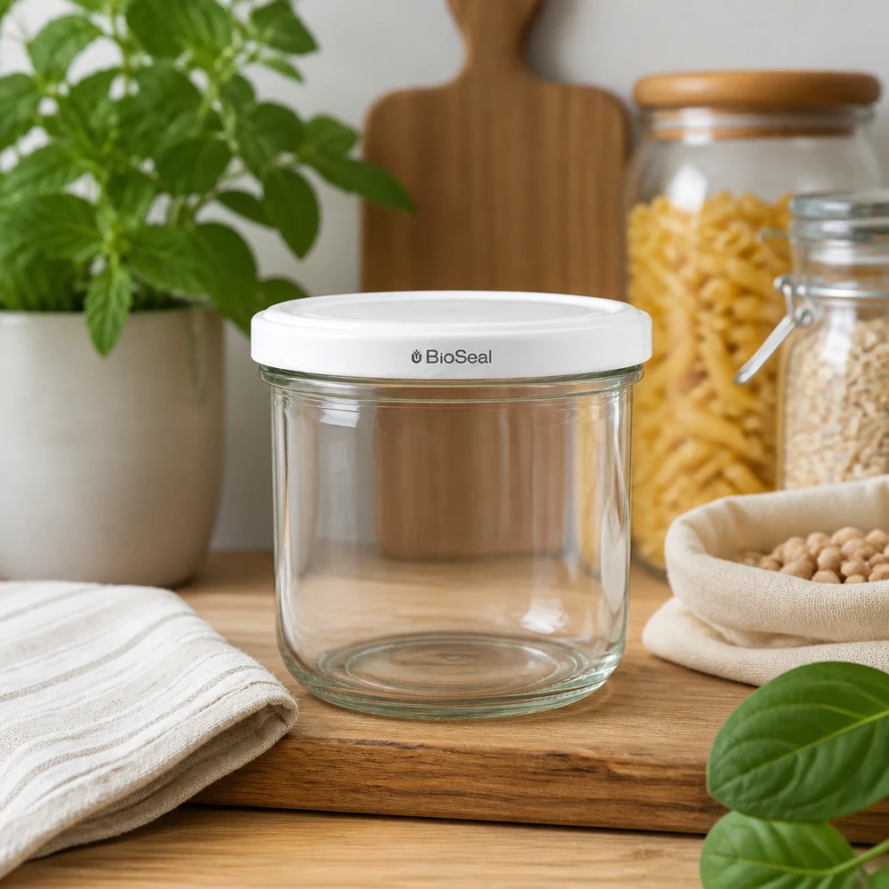UNiTWIST Sturz260 Bocal en verre avec couvercle blanc BioSeal sur planche en bois - bocal de conservation durable de 260 ml à côté des pâtes et des boyaux