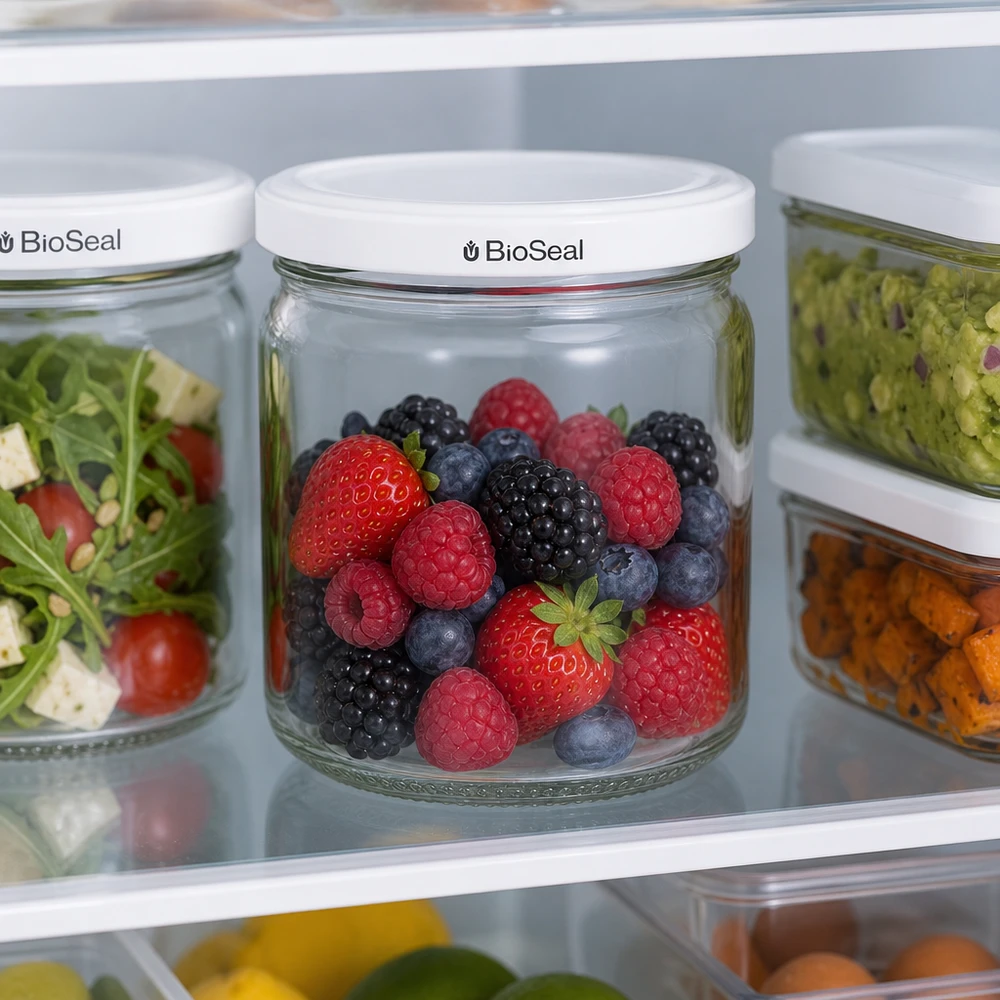 UNiTWIST Runda408 dans le réfrigérateur rempli de baies fraîches - conservation optimale des fruits avec le couvercle BioSeal