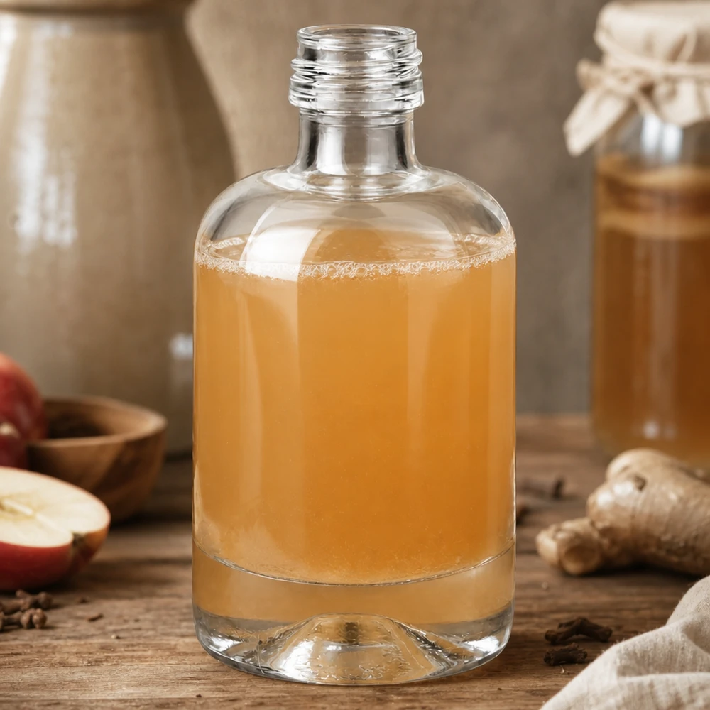 Bouteille en verre Sara de 40 ml au contenu ambré dans une ambiance rustique avec des épices et des fruits sans bouchon